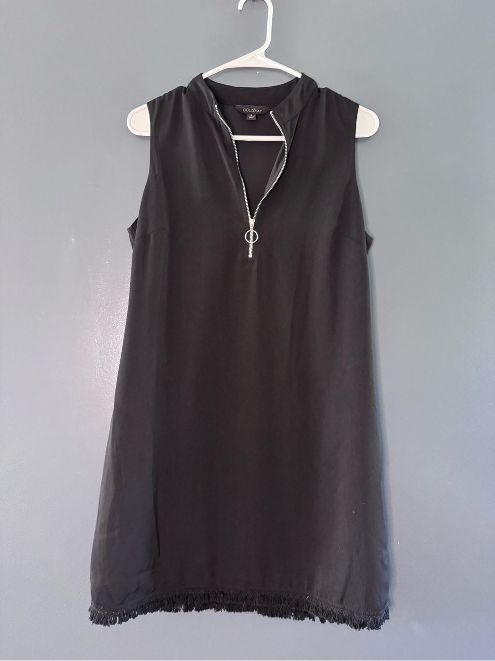 Goldray Dress Black Sleeveless Silver Zip Front Shift Top Fringe Bottom Small